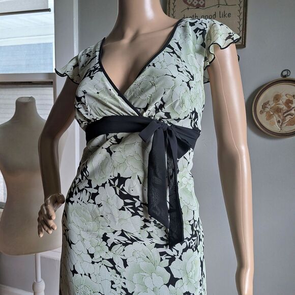 Vintage Y2K Speechless Wrap Dress Green Floral Midi Bow Summer Jrs Size 7 - Picture 5 of 12